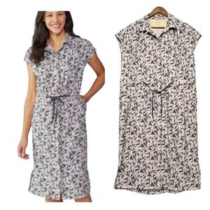 Women's Floral Shirt Dress with Drawstring Waist - Cream/Blue